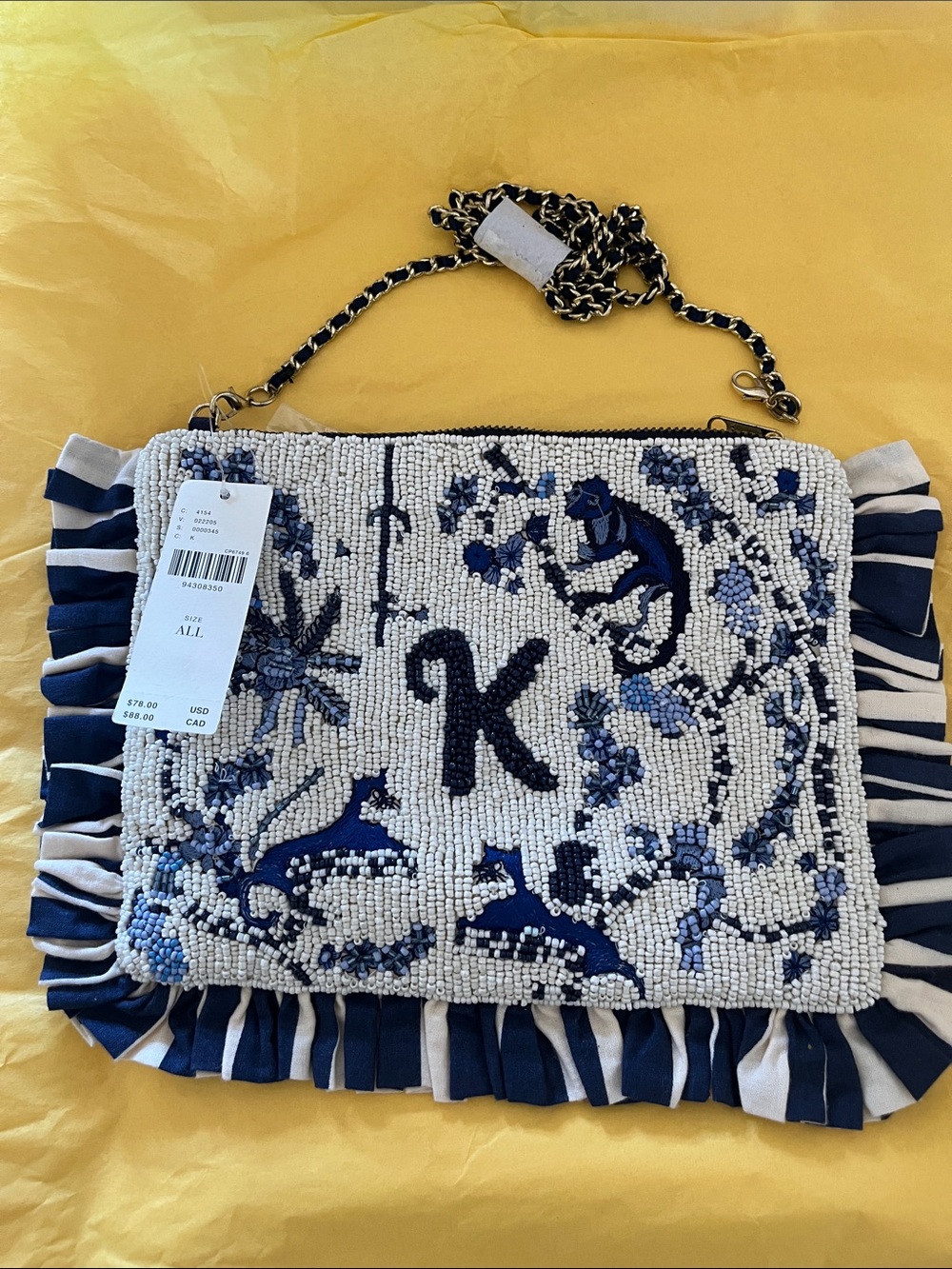 Anthropologie Navy and White Beaded K Floral Clutch with Chain